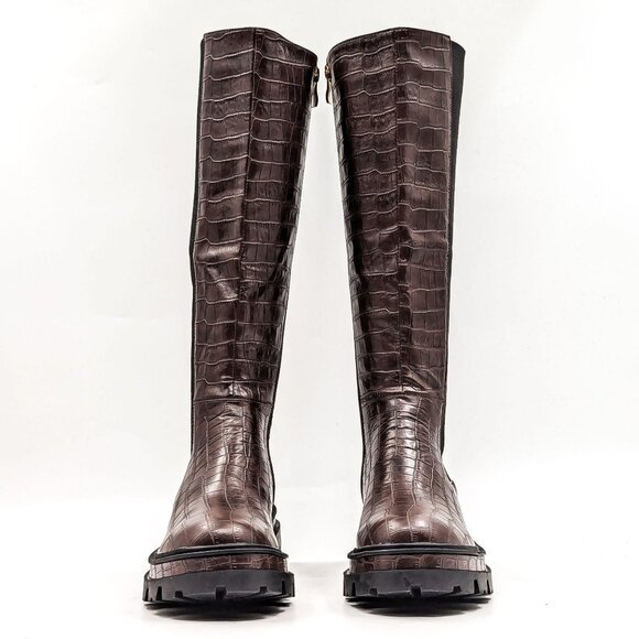 Torgeis NY Women Brown Croc Vegan Leather Stretch Elastic Panel Knee Boots sz 6. - Picture 2 of 11